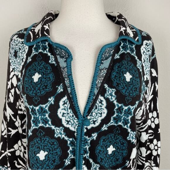 Chico's Green White Black Floral One Button Silk Cotton Cardigan 2 - Picture 3 of 8